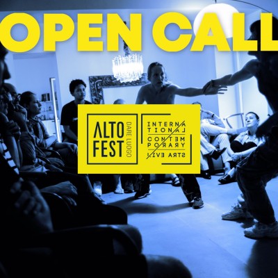 "A promotional poster for Altofest 2025, an international contemporary live arts festival in Naples, happening from June 2 to June 15. The image features a blue-tinted photograph of a performance in an intimate indoor setting, where two performers engage dynamically, reaching towards each other, while an audience sits close by. Bold yellow text announces an open call for participants. The festival logo and credits to photographer Pietro Menditto are included."