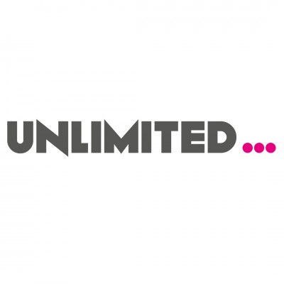 Unlimited spelt out in large bold grey letters follwed by three bold bright pink dots