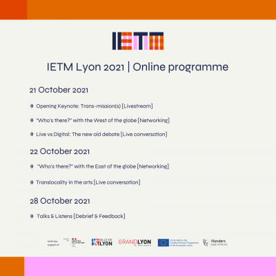 Square image displaying the online programme of IETM Lyon 2021 along with the logos of the meeting
